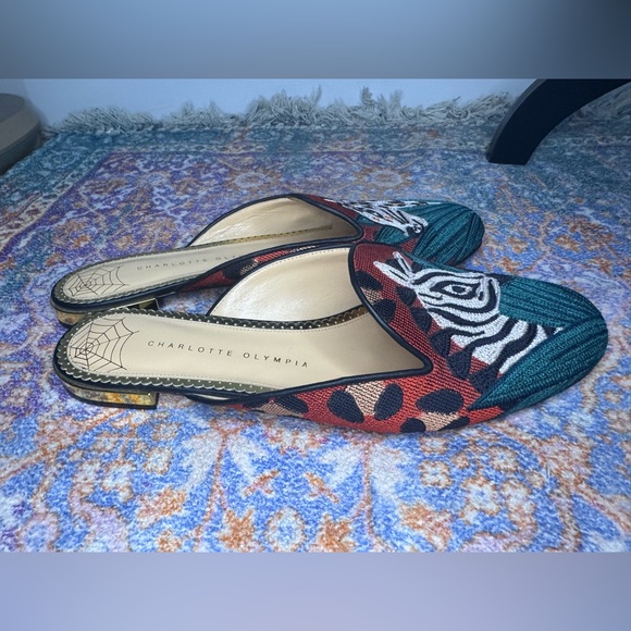 Charlotte Olympia Green and Red Animal Print Mules - Picture 7 of 8